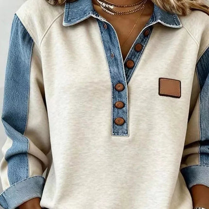 Denim Trim Button Detail Sweatshirt