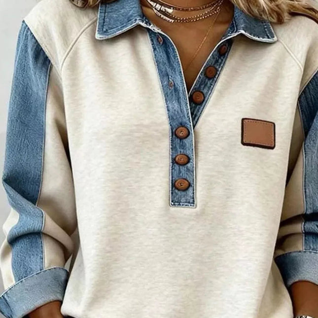 Denim Trim Button Detail Sweatshirt