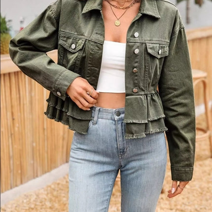 Ruffle Raw Hem Denim Jacket