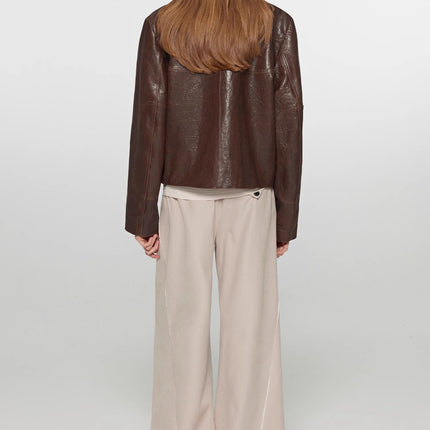 Retro Sheepskin Stand Collar Short Motorcycle Jacket “Caramel