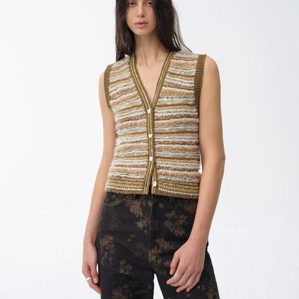 "Nice Weekend" striped mixed woven V-neck early spring layered knitted