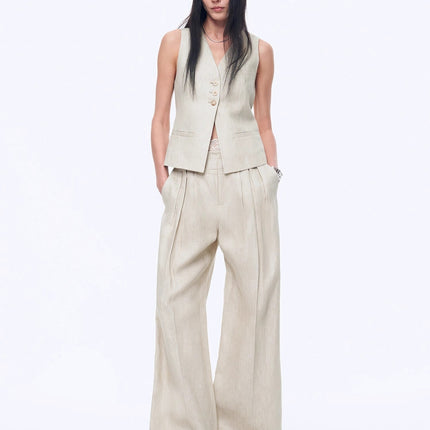 Fireladyfur Women's Linen Suit Set: Draped Vest & High-Waist Straight