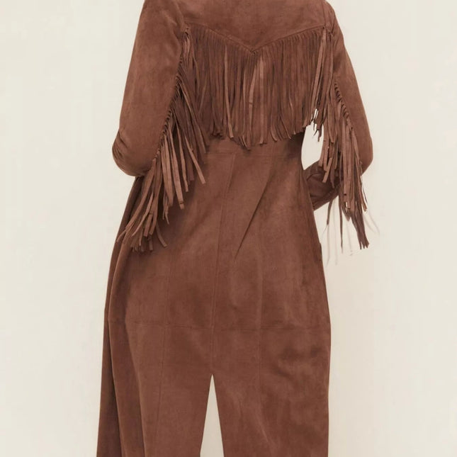 Fringe Lapel Collar Long Sleeve Coat