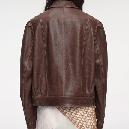 New Zealand imported waxed sheepskin distressed short leather jacket