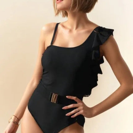 Davi & Dani Solid One Shoulder Ruffle One Piece Swimsuit