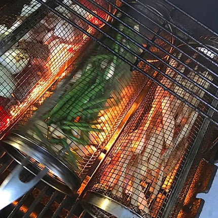 2Pcs 3.42x11.61Inch Portable BBQ Rolling Basket Round Stainless Steel
