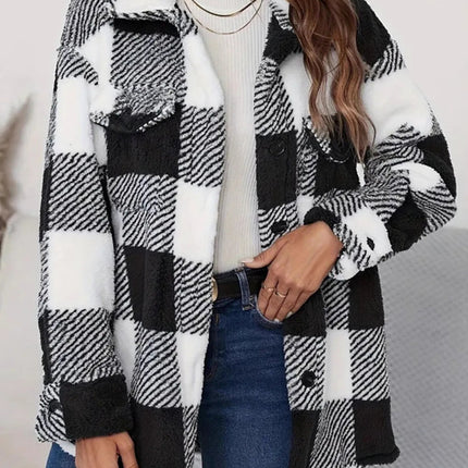 Plaid Button Up Long Sleeve Fuzzy Outerwear