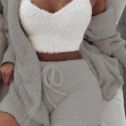 3pcs Womens Clothing Long Sleeve Crop Tank Top And Drawstring Shorts