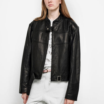 Retro Sheepskin Stand Collar Short Motorcycle Jacket “Caramel