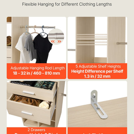 Closet System With 2 Drawers, Adjustable Height Wooden Closet