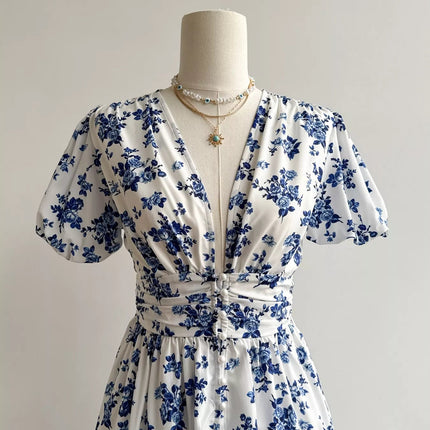 Floral Print V-Neck Puff Sleeve Dress