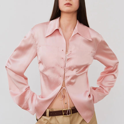"Mercerized Spring Shadow" Acetate Shirt Women's Hollow String Pleated