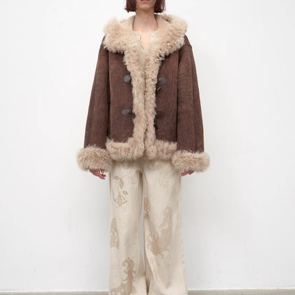 Fireladyfur Women's Shearling Coat - Drop Shoulder Hooded Merino Wool