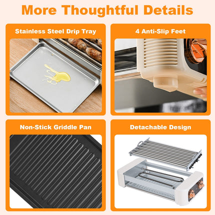 3 In 1 Electric Hot Dog Roller Machine With Grill & Griddle 6-Roller