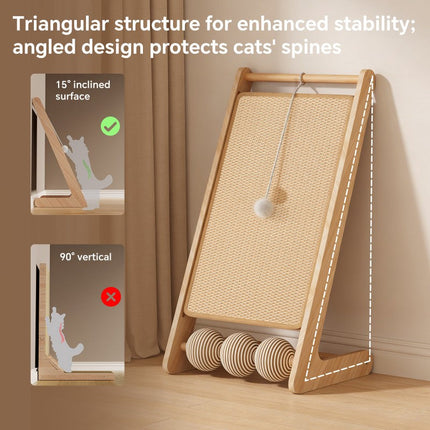 Large Vertical Sisal Cat Scratcher With Balls, Wooden Frame -Sisal