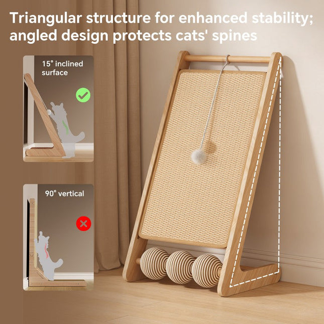 Large Vertical Sisal Cat Scratcher With Balls, Wooden Frame -Sisal