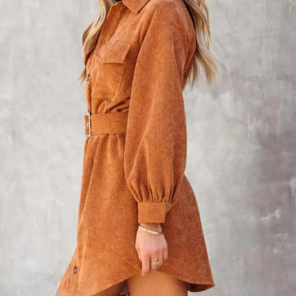Stylish Button Front Belt Long Sleeve : Corduroy Dress