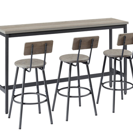 Long Bar Table Set With 3 PU Upholstered Bar Stools, Industrial Bar