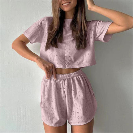 2pcs Casual Hollow Suit With Short-sleeved Crop Top And Elastic Slit