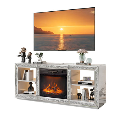 Silver Mirror Modern TV Stand With 18 Inch Fireplace Insert & Storage