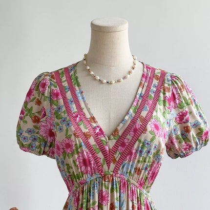 Floral Print V-Neck Puff Sleeve Dress