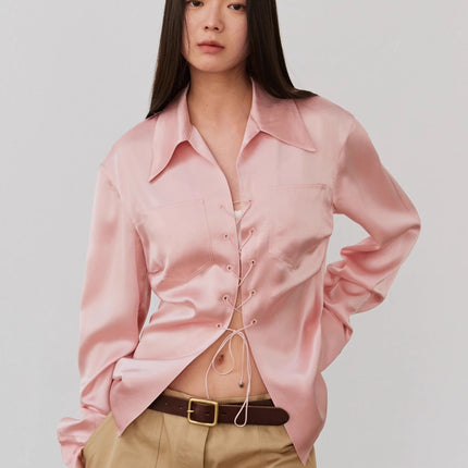 "Mercerized Spring Shadow" Acetate Shirt Women's Hollow String Pleated
