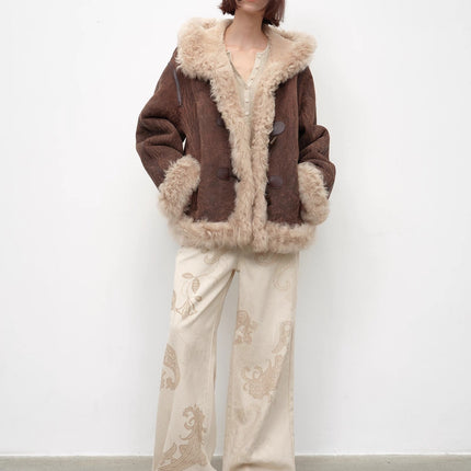 Fireladyfur Women's Shearling Coat - Drop Shoulder Hooded Merino Wool