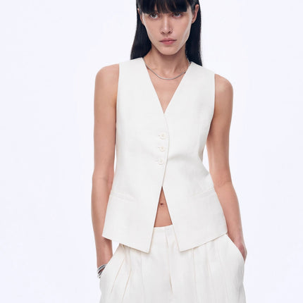 Fireladyfur Women's Linen Suit Set: Draped Vest & High-Waist Straight