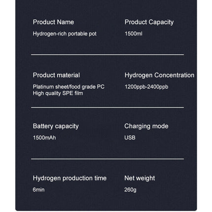 Hydrogen Water Bottle 1.5L Hydrogen Rich Portable Rich Hydrogen Water