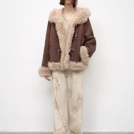 Fireladyfur Women's Shearling Coat - Drop Shoulder Hooded Merino Wool
