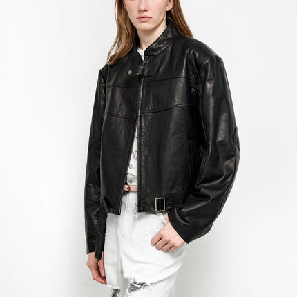 Retro Sheepskin Stand Collar Short Motorcycle Jacket “Caramel