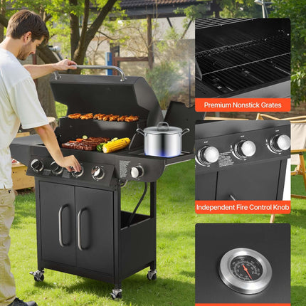 Gas Grill, 4 Burner Propane Gas Grill With Side Burner, 425 SQ.In