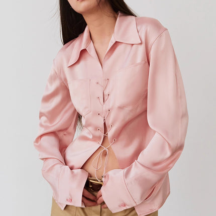 "Mercerized Spring Shadow" Acetate Shirt Women's Hollow String Pleated