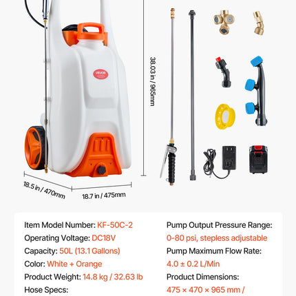 13.1Gal Battery Powered Sprayer With Cart Wheeled 0-80 PSI Electric