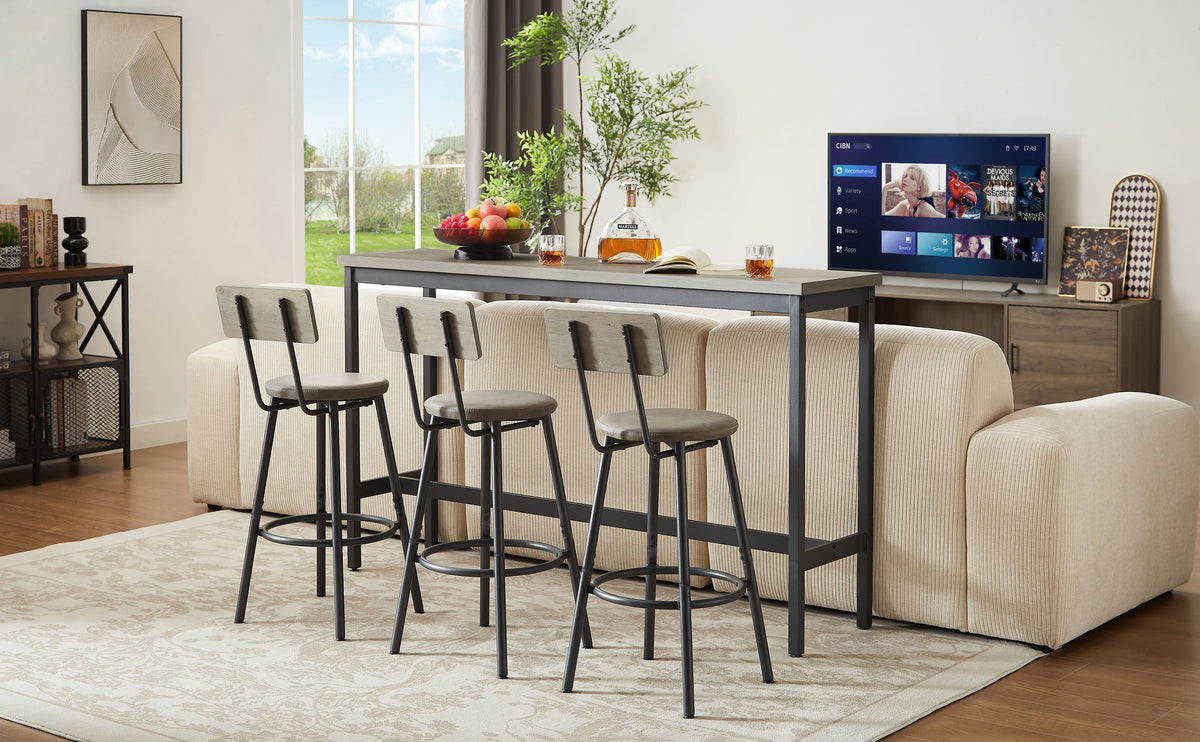 Long Bar Table Set With 3 PU Upholstered Bar Stools, Industrial Bar