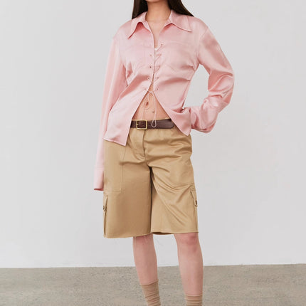 "Mercerized Spring Shadow" Acetate Shirt Women's Hollow String Pleated