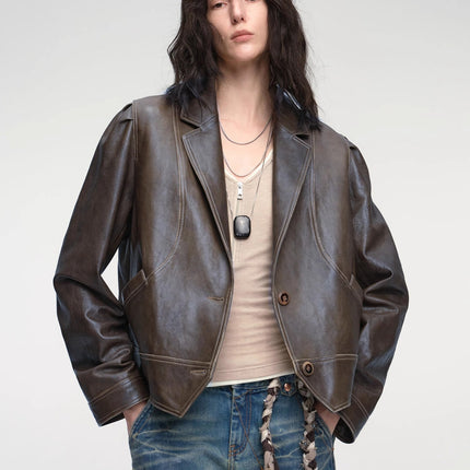 New Zealand imported waxed sheepskin distressed short leather jacket