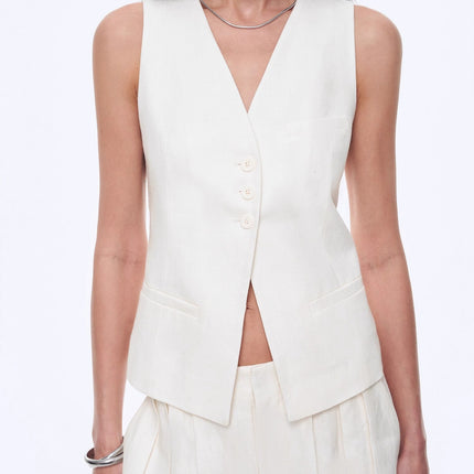 Fireladyfur Women's Linen Suit Set: Draped Vest & High-Waist Straight