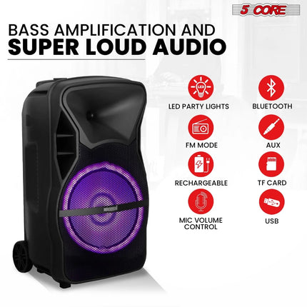 5Core 12 Inch PA Portable Bluetooth Party Speaker Karaoke Boombox + 2