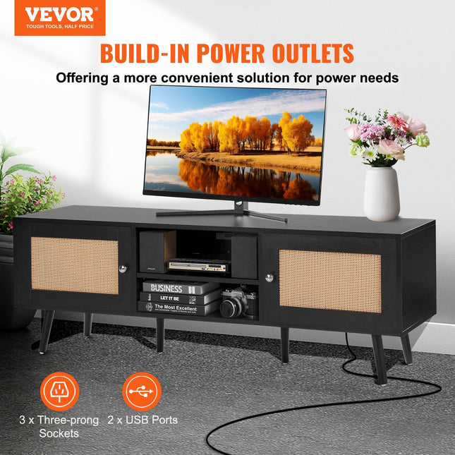 Rattan TV Stand For 65 Inch TV, Boho TV Stand With Rattan Door,