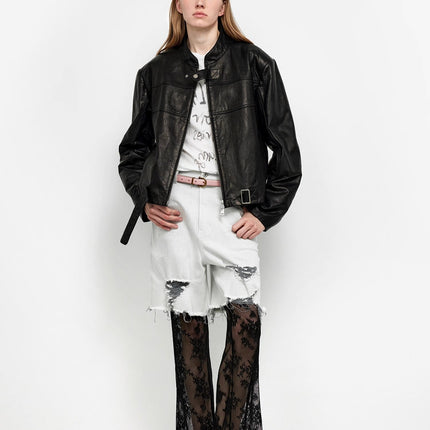Retro Sheepskin Stand Collar Short Motorcycle Jacket “Caramel