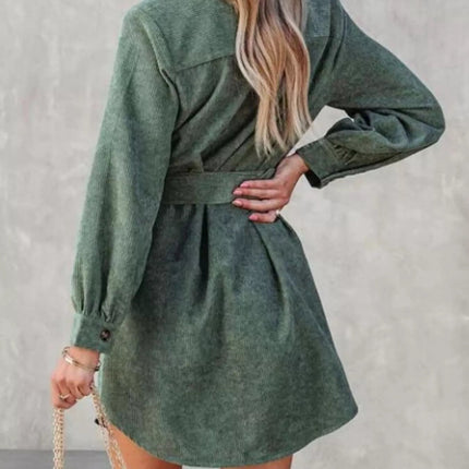 Stylish Button Front Belt Long Sleeve : Corduroy Dress