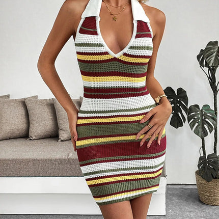Multi-Color Striped Halter Neck : Knit Sweater Dress