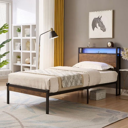 Twin Size Metal Platform Bed Frame With Wooden Headboard And Footboard