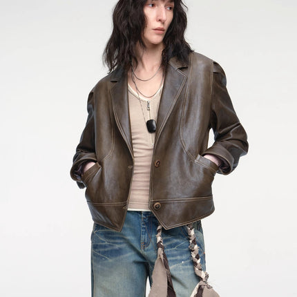 New Zealand imported waxed sheepskin distressed short leather jacket