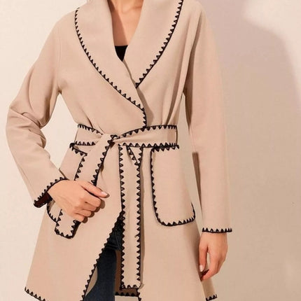 Contrast Trim Tie Waist Outerwear