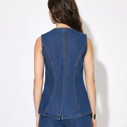 Button Up Sleeveless Denim Top and Shorts Set