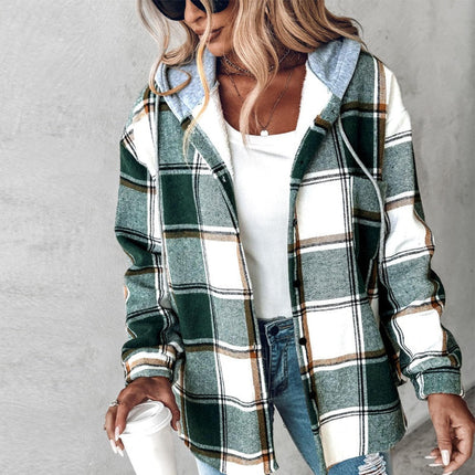 Plaid Hooded Jacket Fashion Casual Button Pocket Coat Autumn And
