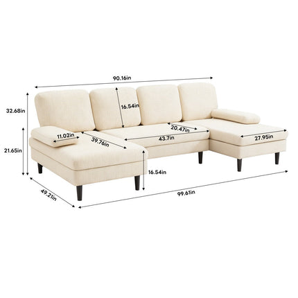 U-shaped Combination Sofa, Double Lounge Chair, Chenille Fabric 4-seat