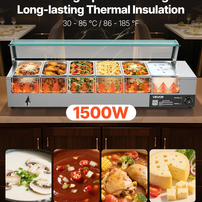 Commercial Food Warmer 6 X 1/3 Size Pans Buffet Bain Marie With Glass